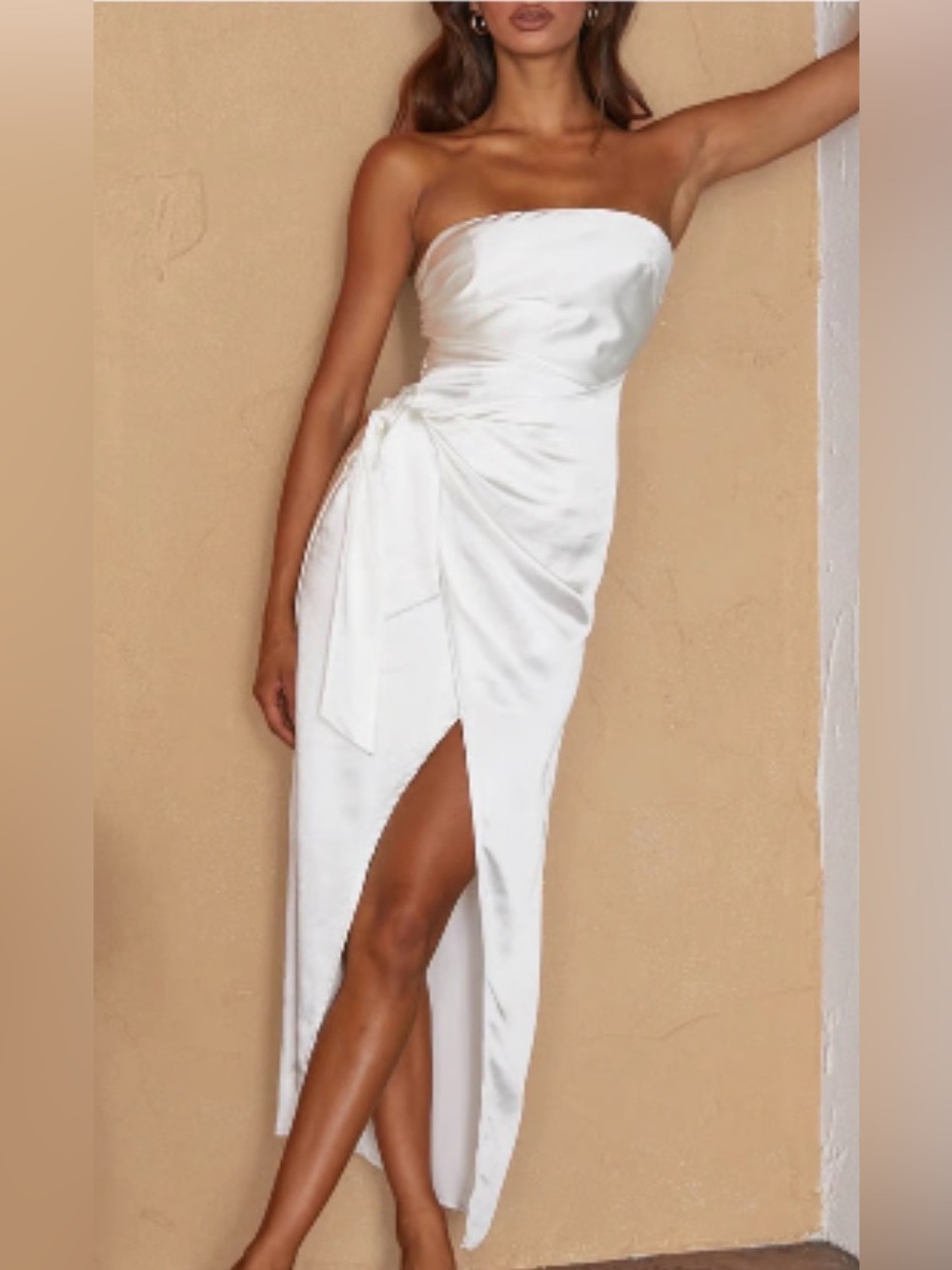 Selfie Leslie Gianna Strapless Satin Waist Tie Midi Dress White L NWT